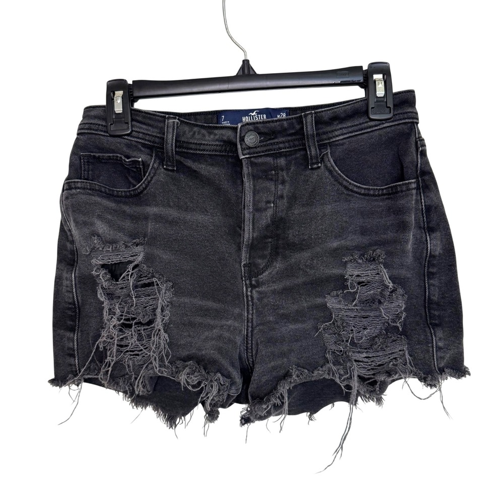 Distressed High Rise Mom Shorts Black Denim Hollister Curvy Frayed Cutoff 7 W28